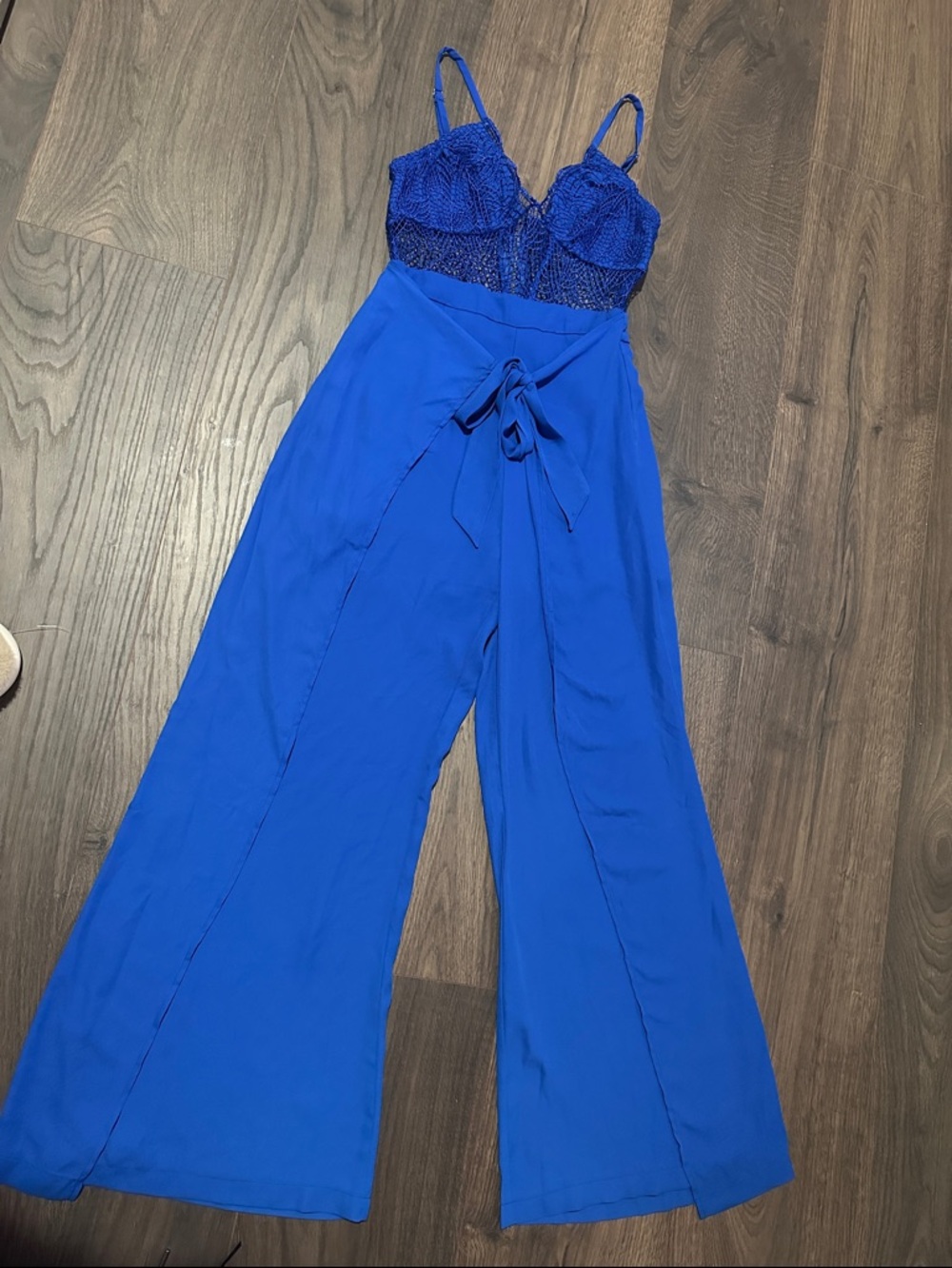 Fashion Nova Cobalt Blue Lace Bodice Wide-Leg Jumpsuit with Tie